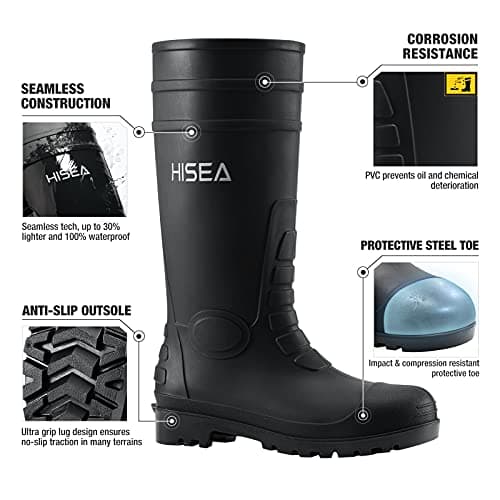 HISEA Men's Steel Toe Rain Boots PVC Rubber Boots, Waterproof Garden Fishing Outdoor Work Boots, Durable Slip Resistant Knee Boots for Agriculture and Industrial Working