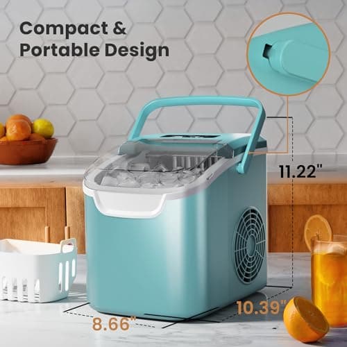 Portable Ice Maker Machine with Handle, 26lbs/24Hrs, 6Mins/9 Ice Cubes, Self-Cleaning with Basket/Scoop, Countertop Ice Makers for Home/Kitchen/Office(Green)