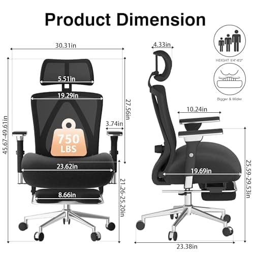 750lbs Big and Tall Office Chair with Wide Thick Seat Cushion,Ergonomic Mesh Office Chairs for Heavy People,Computer Desk Chair with 4D Armrests,Adjustable Lumbar Support for Long Hours Daliy Work