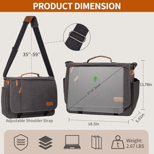 ESTARER Men Messenger Bag 17-17.3 Inch Laptop Bag Water-resistant Canvas Computer Shoulder Bag Briefcase for Work College Travel, Grey