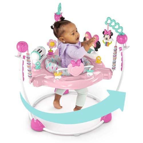 Bright Starts Disney Baby Minnie Mouse Forever Besties Baby Activity Center Jumper with 10 Toys, Lights & Sounds, 360-Degree Seat, 6-12 Months (Pink)