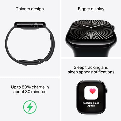 Apple Watch Series 10 [GPS 46mm case] Smartwatch with Jet Black Aluminum Case with Black Sport Band - M/L. Fitness Tracker, ECG App, Always-On Retina Display, Water Resistant