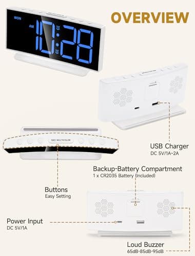 Cadmos Loud Alarm Clocks for Heavy Sleepers,Adults,Kids,Teens,Large Digital Display,7 Color Night Light,Adjustable Volume,Battery Backup,Small Bedside Clocks for Bedrooms (White+Dynamic)
