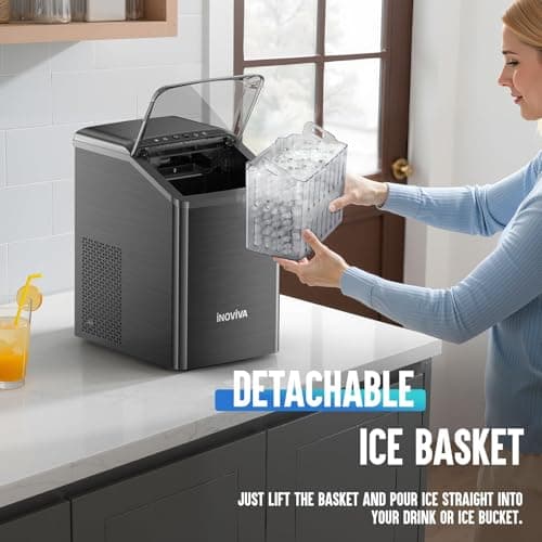 inoviva Nugget Ice Maker Countertop, 40lbs/24H Soft Chewable Pellet Ice Machine with Self-Cleaning, Sonic Ice Maker for Home Kitchen, Office - Black Stainless