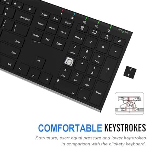 Arteck 2.4G Wireless Keyboard Stainless Steel Ultra Slim Full Size Keyboard with Numeric Keypad for Computer/Desktop/PC/Laptop/Surface/Smart TV and Windows 10/8/ 7 Built in Rechargeable Battery