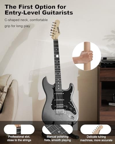 RVONE RST-150 39" Beginner Electric Guitar Kit with Amp & HSS Pickups | Complete Starter Set for Newcomers w/Essentials | Gig Bag, Extra Strings, Digital Tuner, Capo, Strap | Home Practice (Black)