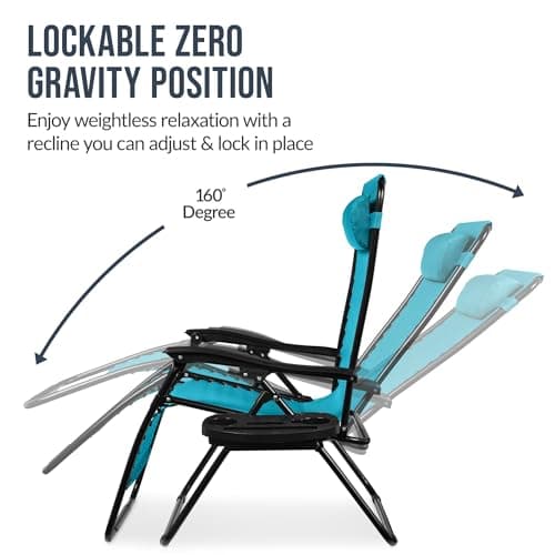Best Choice Products Set of 2 Extra Wide Adjustable Steel Mesh Zero Gravity Lounge Chair Recliners w/Pillows and Cup Holder Trays - Peacock Blue