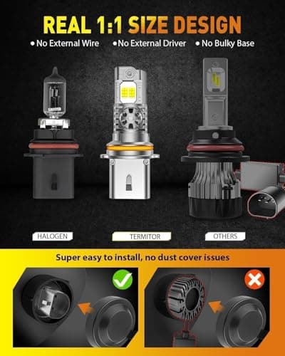 Termitor 2026 Latest 9007/HB5 Light Bulbs, 50,000LM Brightness High/Low Beam, 1:1 Mini Size 6500K Cool White IP68 Waterproof Automotive 9007 Fog Lights, 3-Minute Plug and Play Installation, Pack of 2