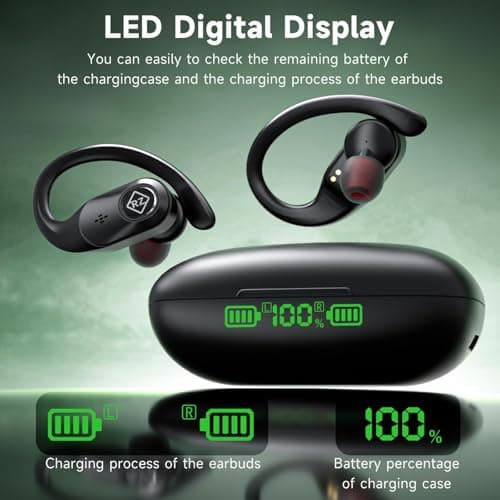 Wireless Earbuds Bluetooth Headphones 96H Playtime LED Display Waterproof Built in Mic Deep Bass Sound Secure Over Ear buds Earhooks for iPhone Android Samsung Cell Phones Sport Workout Gaming Running