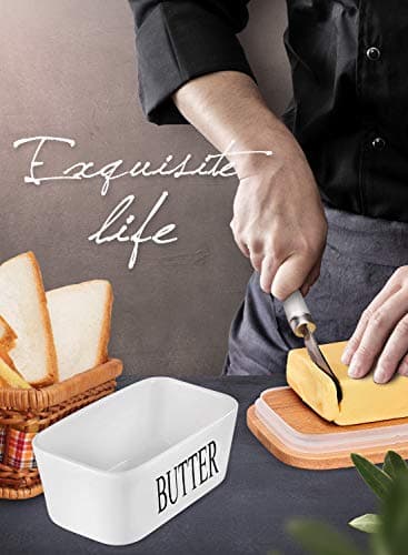 Butter Dish with Lid, Home Decor, Large Butter Dish for Countertop Ceramic Butter Keeper Container with Knife and High-Quality Silicone Sealing Butter Dish Good Kitchen Gift White