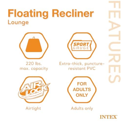 Intex Inflatable Lounge Pool Recliner Lounger Chair with Cup Holders - Heavy-Duty Float Raft for Adults, 220 Lb Capacity Large Floating Tanning Chair