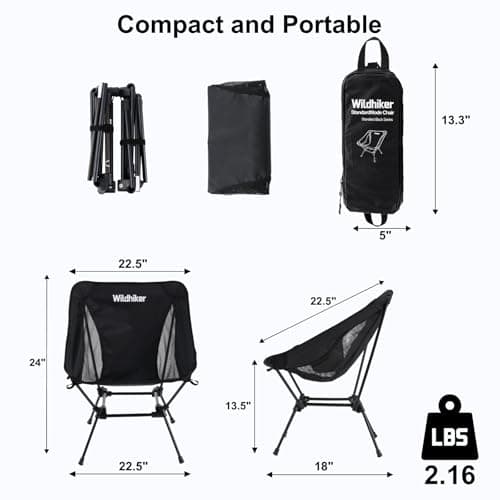 Wildhiker Lightweight Camping Chair – Folding Portable Chair for Adults, 2.16 lbs with Square Base and Carry Bag for Travel, Fishing, Motorcycle, Festival– Black