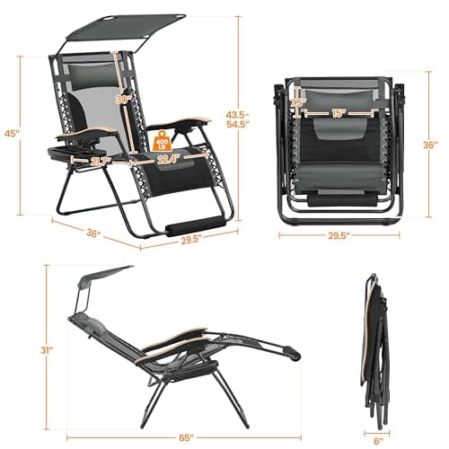 Yaheetech 29in Zero Gravity Chair, Adjustable Patio Padded Anti Gravity Recliner Foldable Outdoor Lounger with Cup Holder Tray, Canopy Shade and Headrest for Beach Camping Gray/Black/1