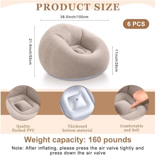 Realspring 6 9 12 Pcs Inflatable Bean Bag Chairs for Adults with Electric Air Pump, Blow up Couch Folding Portable Inflatable Couch Lazy Sofa for Outdoor Movie Night Camping(Coffee,6 Pcs)