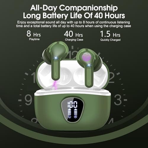 Wireless Earbuds, Bluetooth 5.4 Headphones HiFi Stereo, Bluetooth Earbuds with ENC Noise Cancelling Mic, IP7 Waterproof in Ear Earphones, 48H, LED Display Ear buds for Pad Phones Workout Sports, Green