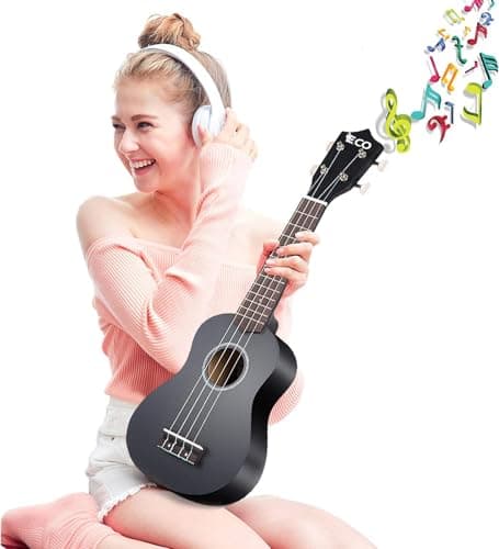 iECO Soprano Ukulele Beginner Kit Adults 21 Inch Ukelele w/Case Strap Tuner Strings Picks (Black)