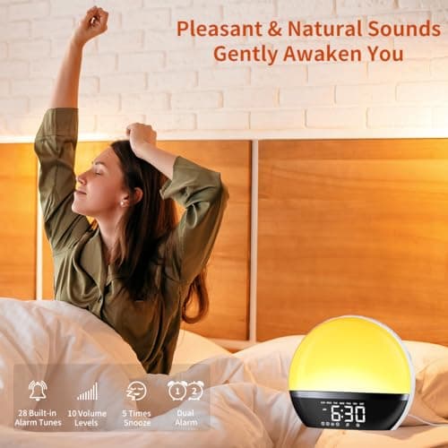 SoundLegend FM Radio Sunrise Alarm Clock Sound Machine Wake-Up Light Sunrise Sunset Simulation Adjustable Volume Brightness Sleep Aid 13 Colors 23 Sounds 28 Tunes Snooze Dual Alarm 4 Timers