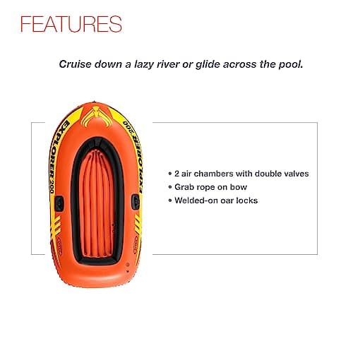 INTEX Explorer Inflatable Boat Series: Dual Air Chambers – Welded Oar Locks – Grab Handles – Bow Rope – Sporty Design