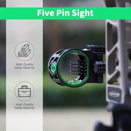 Archery 5-Pin Bow Sight - 0.019" Fiber, Brass Pin, Aluminum Machined - Right and Left Handed, with Hi-Vis Level for Archery, Hunting, Shooting