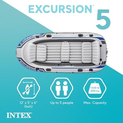 Intex Excursion 5 Person Inflatable Outdoor Fishing Raft Boat Set with 2 Aluminum Oars and Air Pump with a Intex Composite Motor Mount Kit