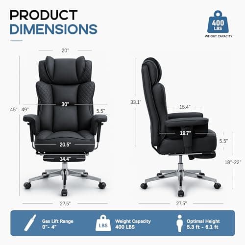 Office Desk Chair, High-Back Big and Tall Leather Chair with Footrest, Ergonomic Reclining Computer Chairs, Comfy Executive Wide Chair with Lumbar Support, Adjustable Padded Armrests, 400LBS (Black)