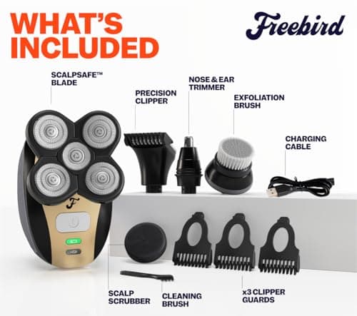 FlexSeries Electric Head & Body Hair Shaver - Mens Cordless Rechargeable Wet/Dry Skull Bald Head Back & Groin Waterproof Razor with Rotary Blades, Clippers, Nose Trimmer, Brush, Massager