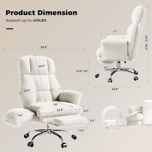 HOMRELEXA Big and Tall Office Chair, Flip Armrests for Pets & Cross Legged Sitting, Executive Ergonomic Computer Gaming Chair with Foot Rest, White Rose Velvet Wide Seat Reclining Desk Chair