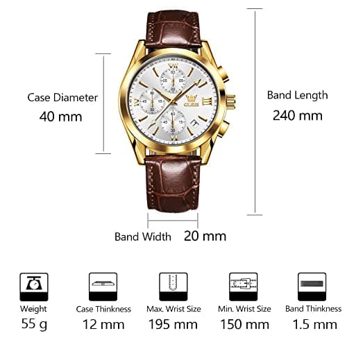 OLEVS Men's Casual Leather Watch, Big Face Chronograph Watch for Men, Fashion Easy to Read Dress Watch, Men's Waterproof Luminous Date Analog Watch, Gold/Black/White/Blue Dial