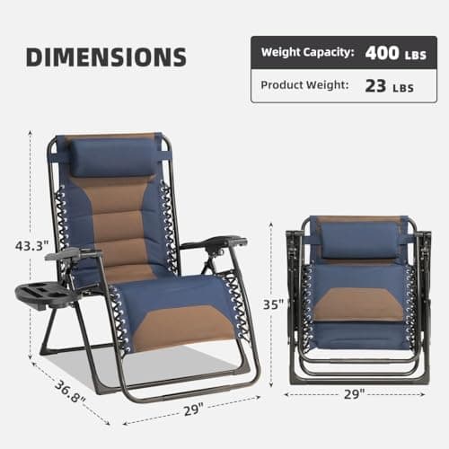 Zero Gravity Chair Oversized Padded Recliner with Adjustable Headrest & Cup Holder - 600D Oxford Folding Lounge Chair for Outdoor Camping, Patio, Poolside (Brown & Blue)
