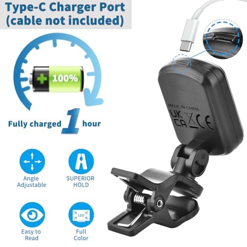 MOREYES Rechargeable Guitar Tuner Clip On with 28Pcs Guitar Picks, Guitar Tuner for Acoustic Guitar, Electric Guitar, Bass, Ukulele & Chromatic Tuning Modes, Full Color Display