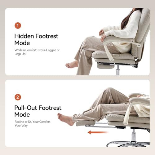 EMIAH Ergonomic Office Chair with Foot Rest Criss Cross Chair with Wheels Reclining Executive Office Chair Mid Back PU Leather Swivel Computer Chairs Lumbar Support for Home Office (Beige)