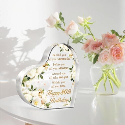 AceThrills 80th Birthday Gifts and Decorations for Women - Acrylic Paperweight 3.9 x 3.9 x 0.51 Inches - Happy Birthday Decor Party Favors