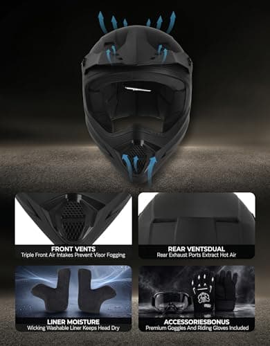 SLMOTO Youth ATV Helmet DOT Youth Kids Motocross Offroad Street Dirt Bike Helmet Motorcycle ATV Full Face Helmet with Goggles Gloves, Matte Black Small