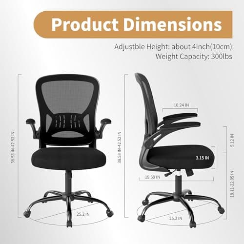 Youhauchair Mesh Office Chair, Ergonomic Home Office Desk Chairs with Flip-up Arms and Lumbar Support, Height Adjustable, Black