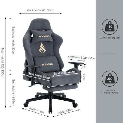 Symino Gaming Chair with Footrest, 2D Armrests Up/Down & Left/Right, Suede Fabric Ergonomic Office Chair, 150° Recline Computer Chair for Desk, Grey