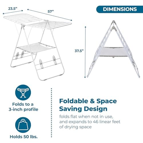 Honey-Can-Do Heavy-Duty Foldable Laundry Drying Rack – Portable Shoes & Clothes Rack for Indoor & Outdoor Use, Space-Saving Design, Easy to Fold Gullwing Design, Sturdy Metal, 50lb. Capacity, White