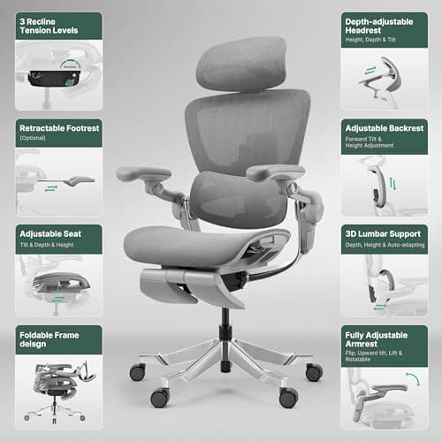 HINOMI H2 Pro Premium Ergonomic Office Chair - Comfy Home Office Desk Computer Chair with Adjustable Back Support, Swivel Wheels, Flip-up Arms, Comfortable Mesh Seat for Desk Work (Gray)