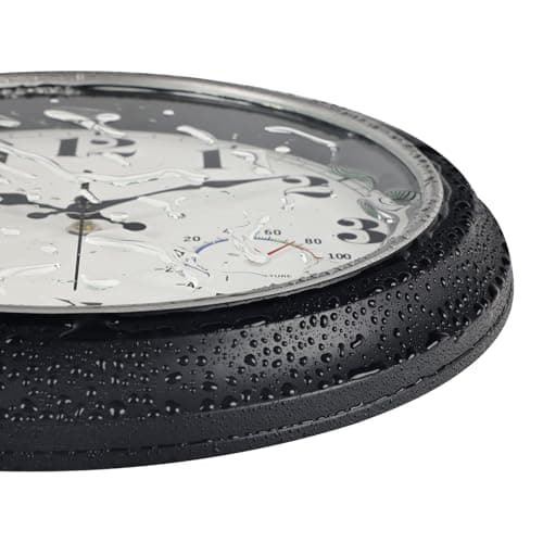 45MinST 13-Inch Vintage Outdoor Wall Clock with Thermometer and Hygrometer, Waterproof, Large Numbers, Silent, for Indoor and Outside Use,Porch,Garden,Pool(Black Frame with Silver Trim)