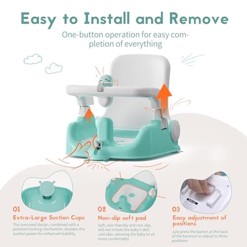 BabyBond Baby Bath Seat with Sitting & Lying 2 Modes, 3-Speed Adjustment, Powerful Suction Cups, Infant Bathtub Chair with Soft and Comfortable Towel, Folding and Hanging
