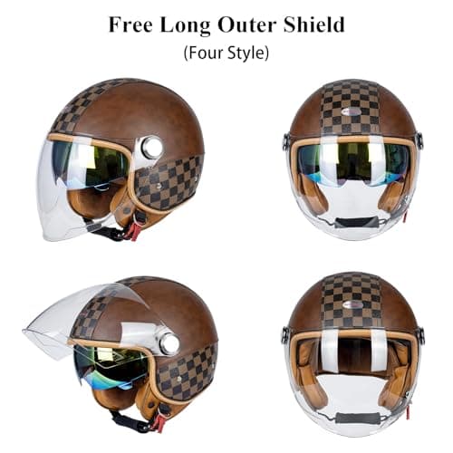 Dual Visor 3/4 Open Face Motorcycle Helmet for Men & Women, DOT Approved Unisex Retro Half Helmet，Motorbike Casco for Moped Cruiser Bobber and Chopper