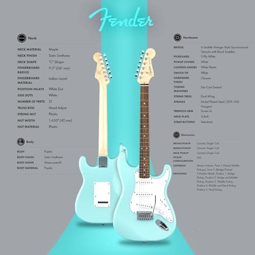 Fender Squier Stratocaster Electric Guitar - Daphne Blue Bundle with Amplifier, Gig Bag, Cable, Strap, Picks, and Austin Bazaar Instructional Video