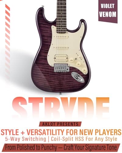 AKLOT Beginner Electric Guitar Kit: 10W Amp, Coil-Split HSS Pickups, Lesson Book, Roasted Maple Neck, Gig Bag, Tuner, Strap, Picks, Stryde Violet Venom