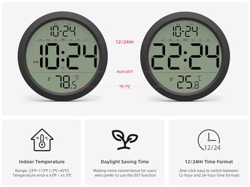 Digital Wall Clock with Date, Indoor Temperature, Auto-DST, Battery-Operated Digital Clock, 8 Inch Small Decorative Wall Clock for Bedroom, Living Room, Home, Kitchen, Office, Modern, Electric, Simple