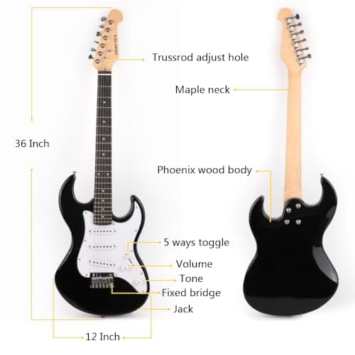 Demusea Short Scale 36 Inch 3/4 Electric Mini Guitar Black Color For Beginner Starter Travel Portable Practic With Gig Bag And Strap Phoenix Body Maple Neck SSS Pickups