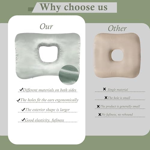 Yuibthr Ear Piercing Pillow for Side Sleepers with Ear-Shaped Hole for Ear Pain, Reversible Satin & Cotton Washable and Adjustable Ergonomic Ear Guard Protector for Side Sleeping