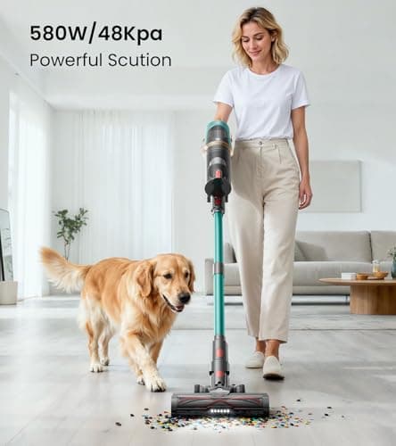 Cordless Vacuum Cleaner, Upgraded 580W 48KPA 65Mins Vacuum Cleaners for Home, Cordless Stick Vacuum Cleaner with Self-Standing and LED Screen, Anti-Tangle Wireless Vacuum for Pet Hair/Carpets/Floors