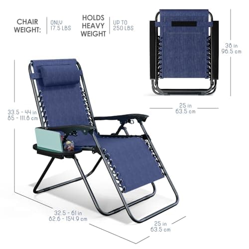 Nestl Zero Gravity Chairs, Portable Patio Lounge Chair Outdoor with Pillows & Cup Holder Trays, Adjustable Steel Mesh Reclining Camping Chair, Folding Patio Lawn Chair for Deck, Beach, Yard - Blue