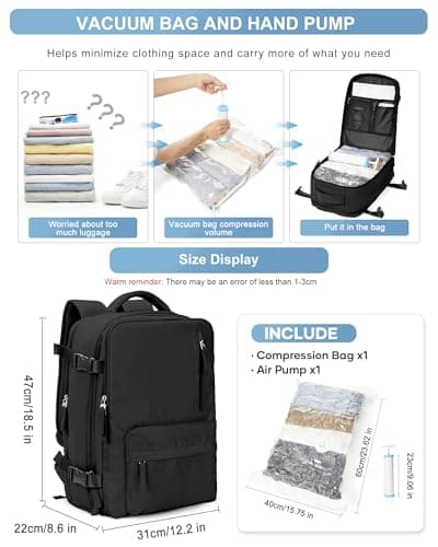 VGCUB Large Travel Backpack with Storage Compression Seal Bags for Clothing with Pump Vacuum System Carry on Personal Item Work Business Vacpack Laptop Backpack for Women Men Black