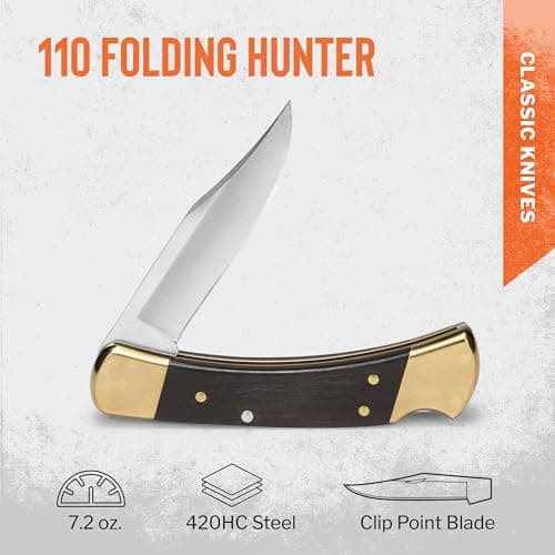 Buck Knives 110 Folding Hunter Knife, 3-3/4" Blade, Lockback Design, Ebony Handle, Brass Bolsters, 420HC Stainless Steel Clip Point Blade, Sheath Included, Hunting Knife Made in the USA, 7.2 oz