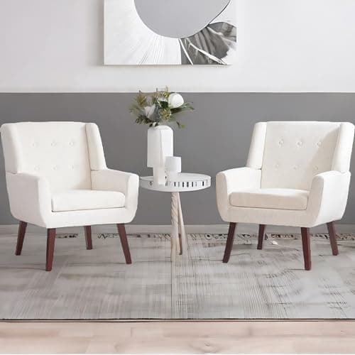 HUIMO Upholstered Accent Chairs Set of 2,Button-Tufted Reading Comfy Living Room Chair with Wooden Legs,Mid Century Modern Chair with Linen Fabric,Club Chair Comfy Arm Chairs for Bedroom,Beige